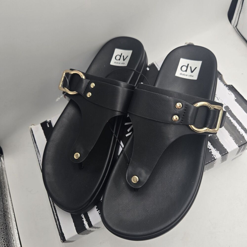 DV Dolce Vita Ulani Womens Size 10 Footbed Black Thong Sandals Gold Buckle NWT